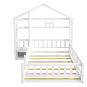 Twin Size House-Style Headboard Floor Bed with Fence Guardrails
