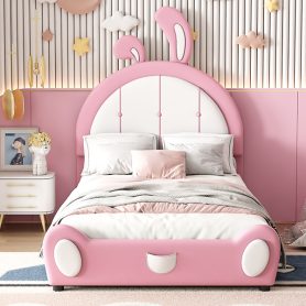 Twin Size Upholstered Platform Bed with Ribbit Shaped Headboard