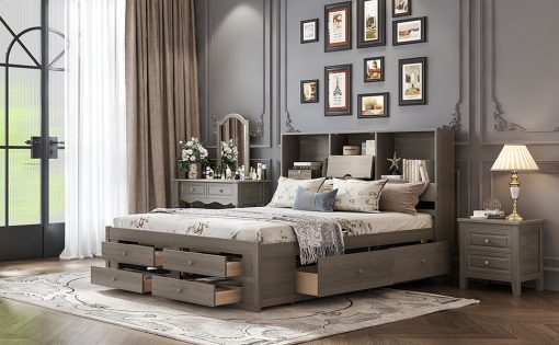 King Size Platform Bed With Storage Headboard And 8 Drawers