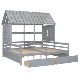 Twin Size House Platform Beds With Two Drawers For Boy And Girl Shared Beds, Combination Of 2 Side By Side Twin Size Beds