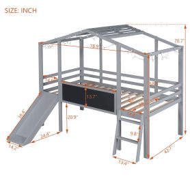 Twin Size Loft Bed With Ladder And Slide, House Bed With Blackboard And Light Strip On The Roof