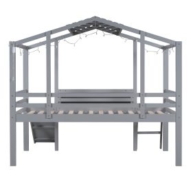Twin Size Loft Bed With Ladder And Slide, House Bed With Blackboard And Light Strip On The Roof