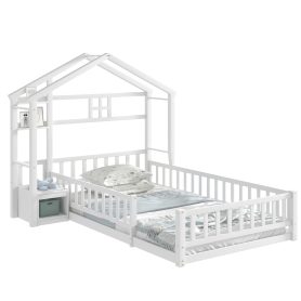 Twin Size House-Style Headboard Floor Bed with Fence Guardrails