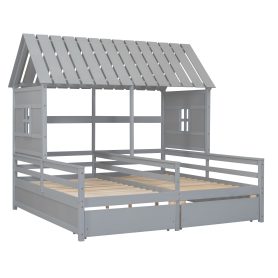 Twin Size House Platform Beds With Two Drawers For Boy And Girl Shared Beds, Combination Of 2 Side By Side Twin Size Beds