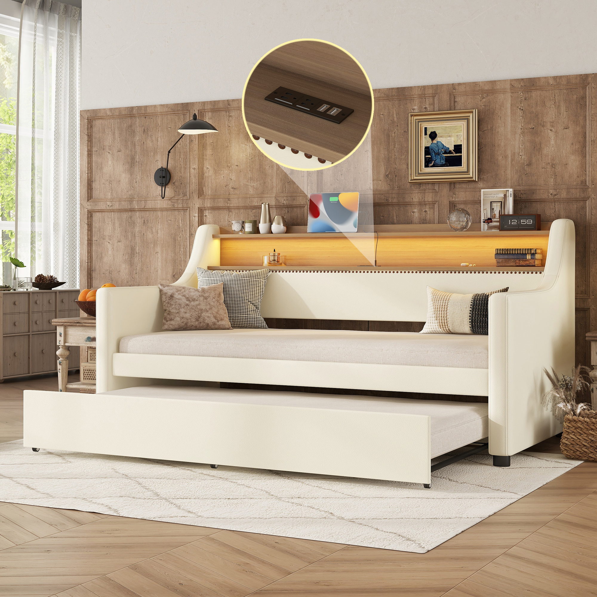 Twin Size Upholstered Daybed With Trundle, Charging Station And LED Lights