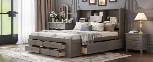 King Size Platform Bed With Storage Headboard And 8 Drawers