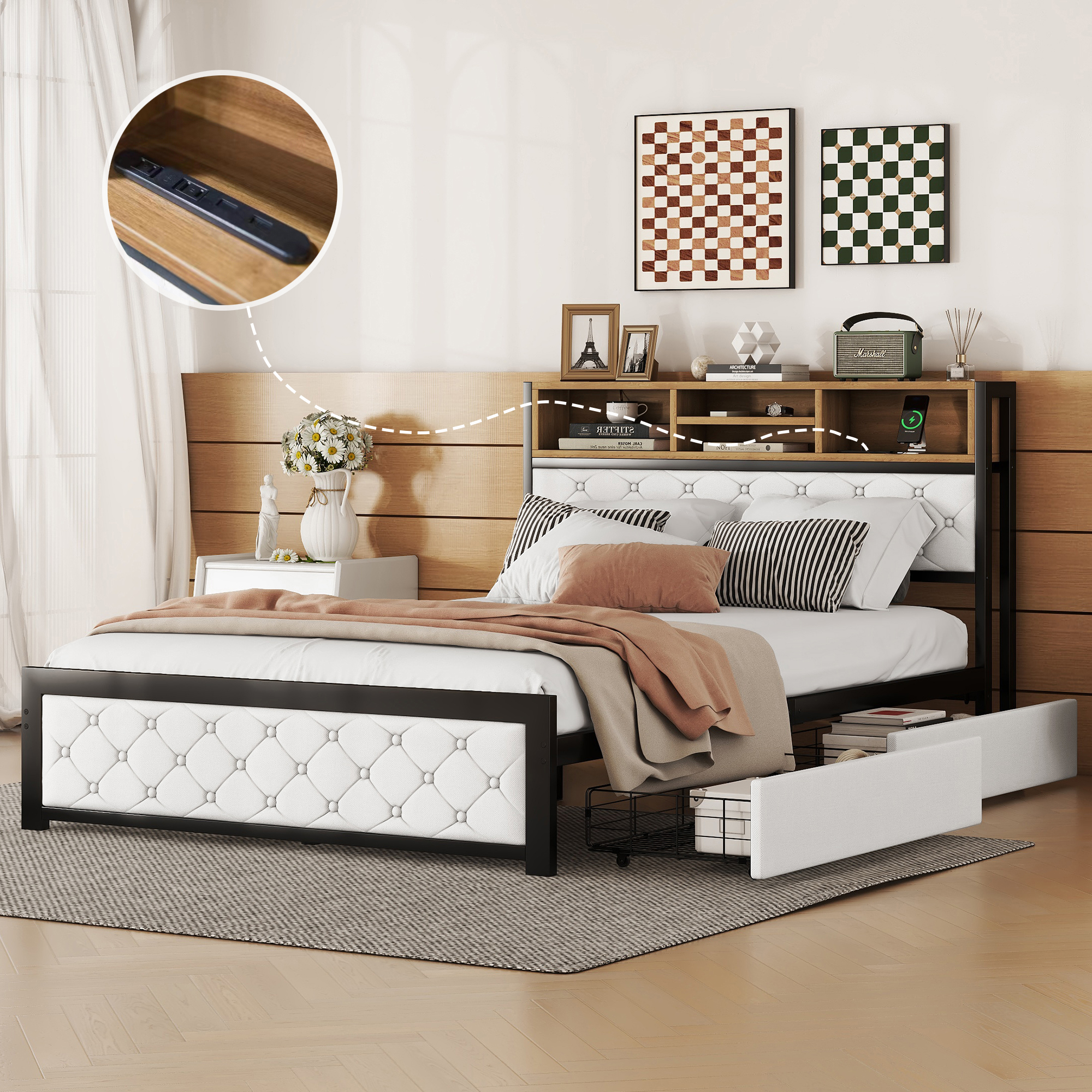 Metal Full Size Platform Bed With 4 Drawers, Upholstered Headboard and Footboard, Sockets and USB Ports