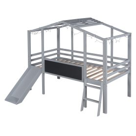 Twin Size Loft Bed With Ladder And Slide, House Bed With Blackboard And Light Strip On The Roof