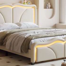 Full Size Upholstered Platform Bed with Curve Shaped and Height-adjustbale Headboard,LED Light Strips