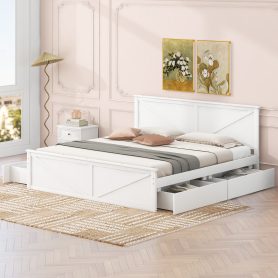 King Size Platform Bed with Four Storage Drawers and Support Legs