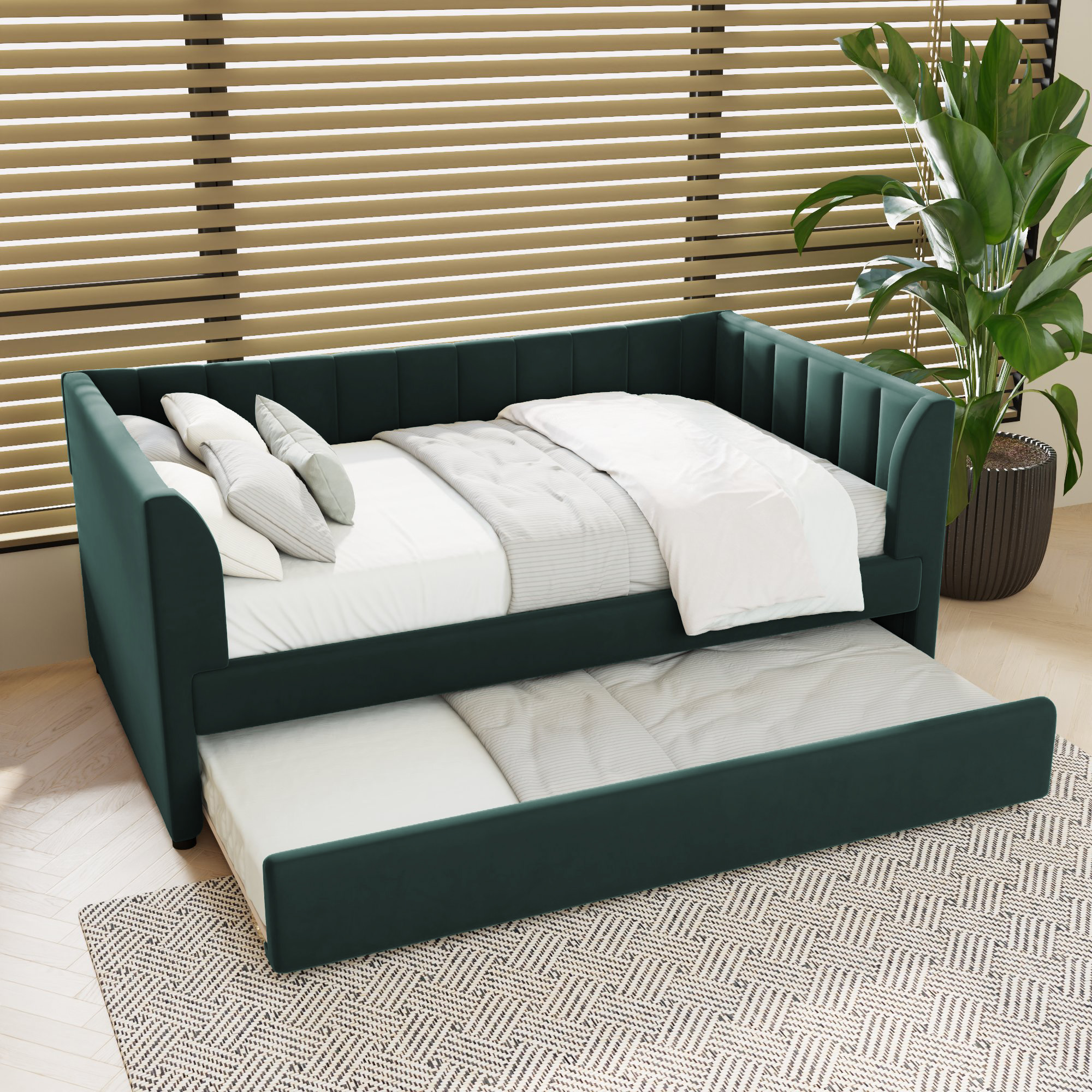 Twin Size Upholstered Velvet Daybed with Trundle