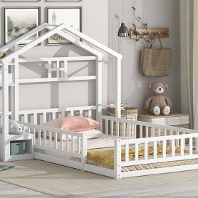 Twin Size House-Style Headboard Floor Bed with Fence Guardrails