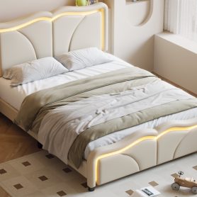 Full Size Upholstered Platform Bed with Curve Shaped and Height-adjustbale Headboard,LED Light Strips