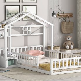 Twin Size House-Style Headboard Floor Bed with Fence Guardrails