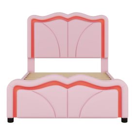 Twin Size Upholstered Platform Bed with Curve Shaped and Height-adjustbale Headboard,LED Light Strips