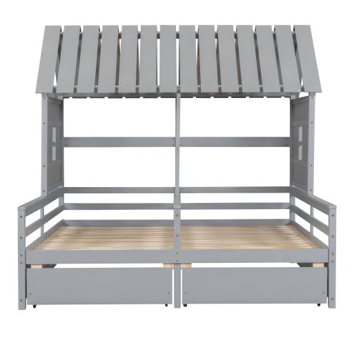 Twin Size House Platform Beds With Two Drawers For Boy And Girl Shared Beds, Combination Of 2 Side By Side Twin Size Beds