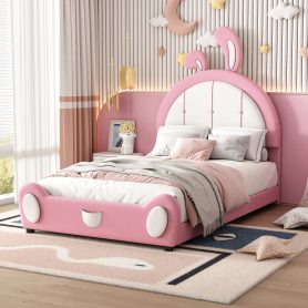 Twin Size Upholstered Platform Bed with Ribbit Shaped Headboard
