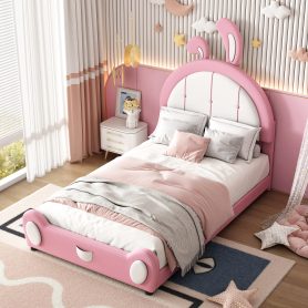 Twin Size Upholstered Platform Bed with Ribbit Shaped Headboard