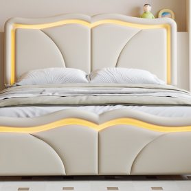 Full Size Upholstered Platform Bed with Curve Shaped and Height-adjustbale Headboard,LED Light Strips