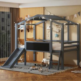 Twin Size Loft Bed With Ladder And Slide, House Bed With Blackboard And Light Strip On The Roof