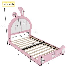 Twin Size Upholstered Platform Bed with Ribbit Shaped Headboard