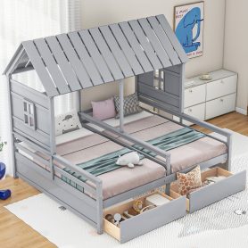 Twin Size House Platform Beds With Two Drawers For Boy And Girl Shared Beds, Combination Of 2 Side By Side Twin Size Beds