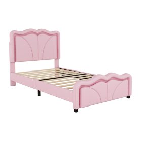Twin Size Upholstered Platform Bed with Curve Shaped and Height-adjustbale Headboard,LED Light Strips