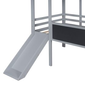 Twin Size Loft Bed With Ladder And Slide, House Bed With Blackboard And Light Strip On The Roof
