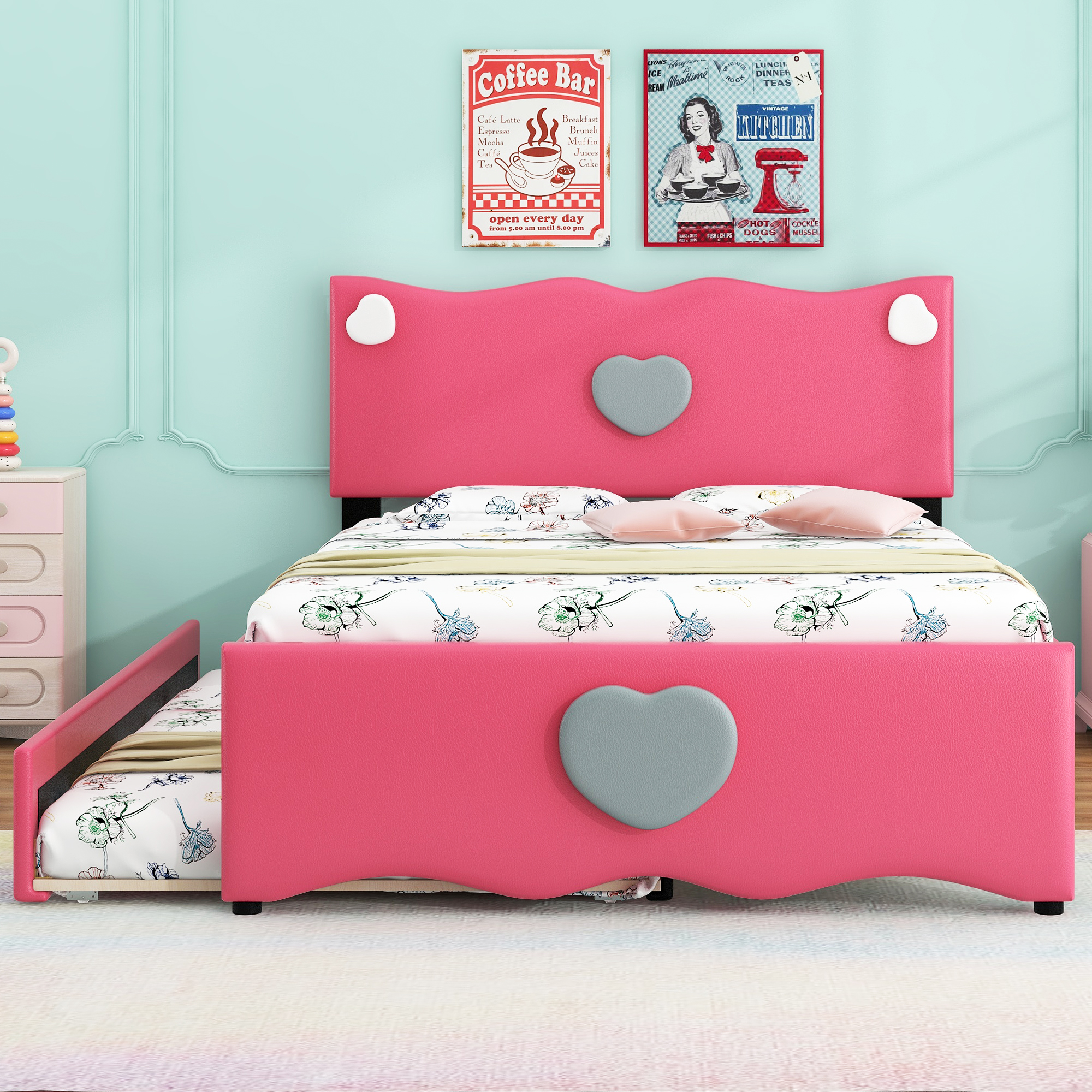 Full Size Upholstered Platform Bed with Trundle and Heart Shaped Decoration