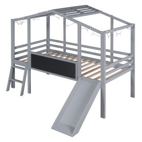 Twin Size Loft Bed With Ladder And Slide, House Bed With Blackboard And Light Strip On The Roof
