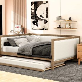 Full Size Upholstered Daybed with Trundle and Nailhead Decoration