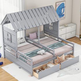 Twin Size House Platform Beds With Two Drawers For Boy And Girl Shared Beds, Combination Of 2 Side By Side Twin Size Beds