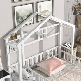 Twin Size House-Style Headboard Floor Bed with Fence Guardrails