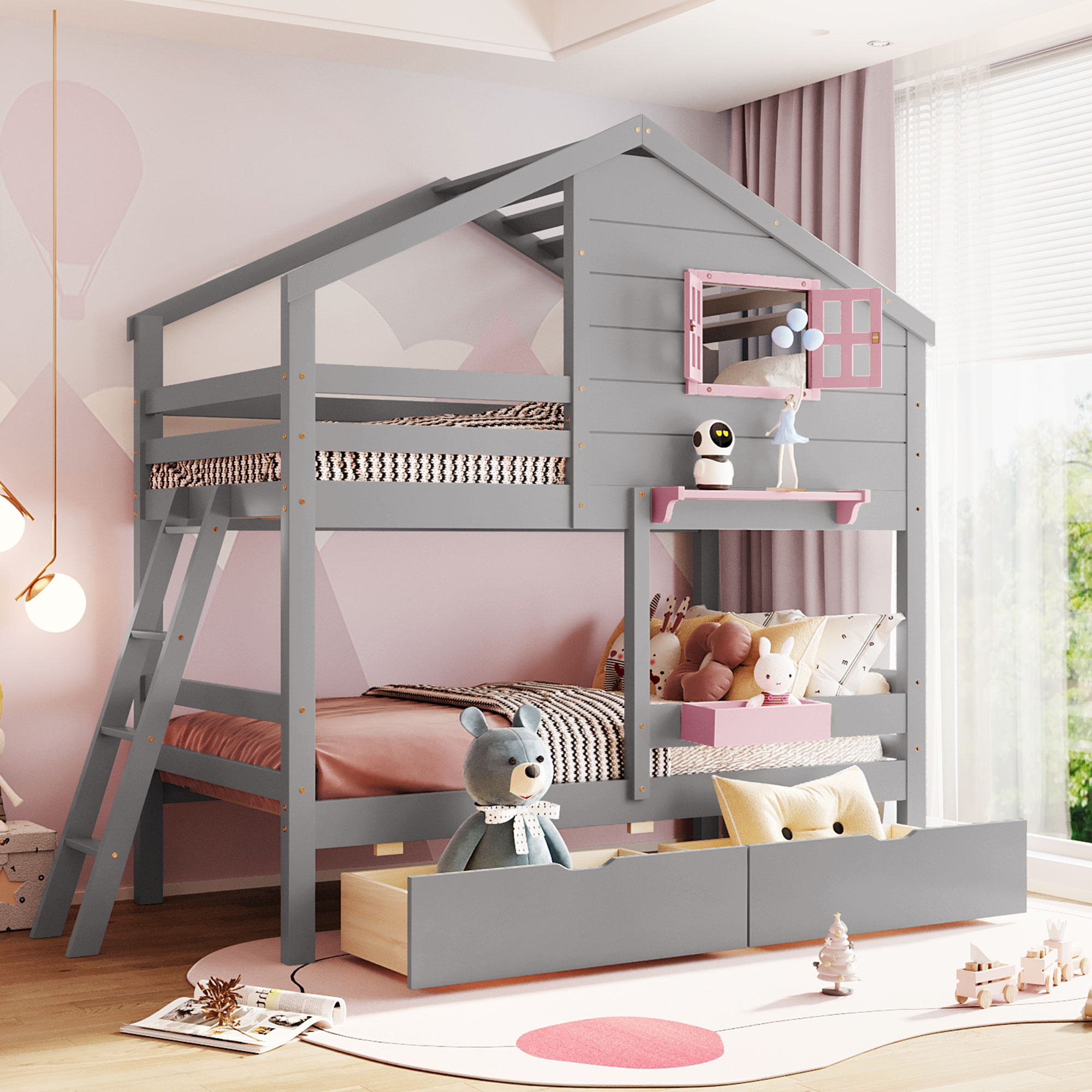 Twin Over Twin Bunk Bed With 2 Drawers, 1 Storage Box, 1 Shelf, Window And Roof