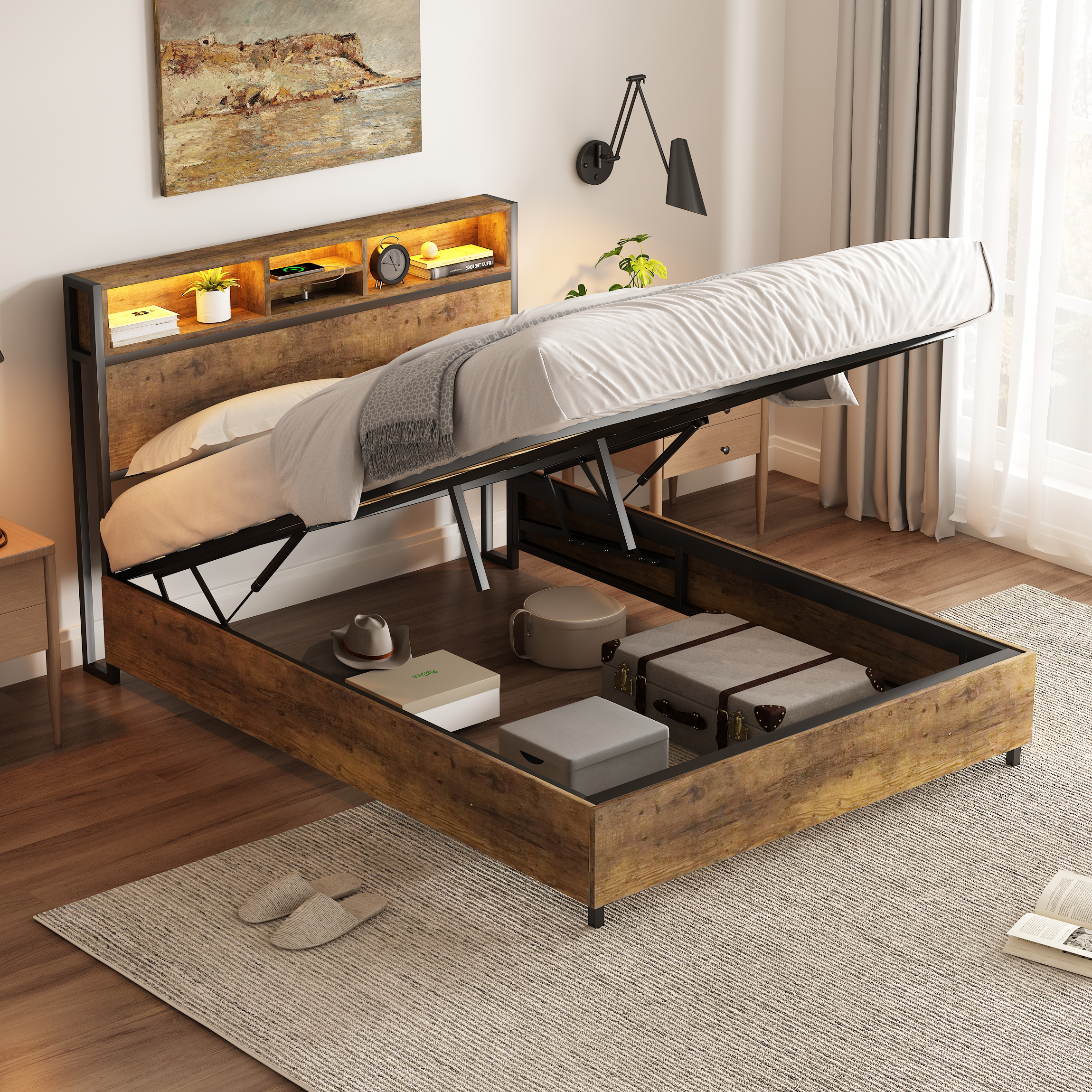 Metal Platform Bed With Underneath Storage, LED and USB Ports, Full Size