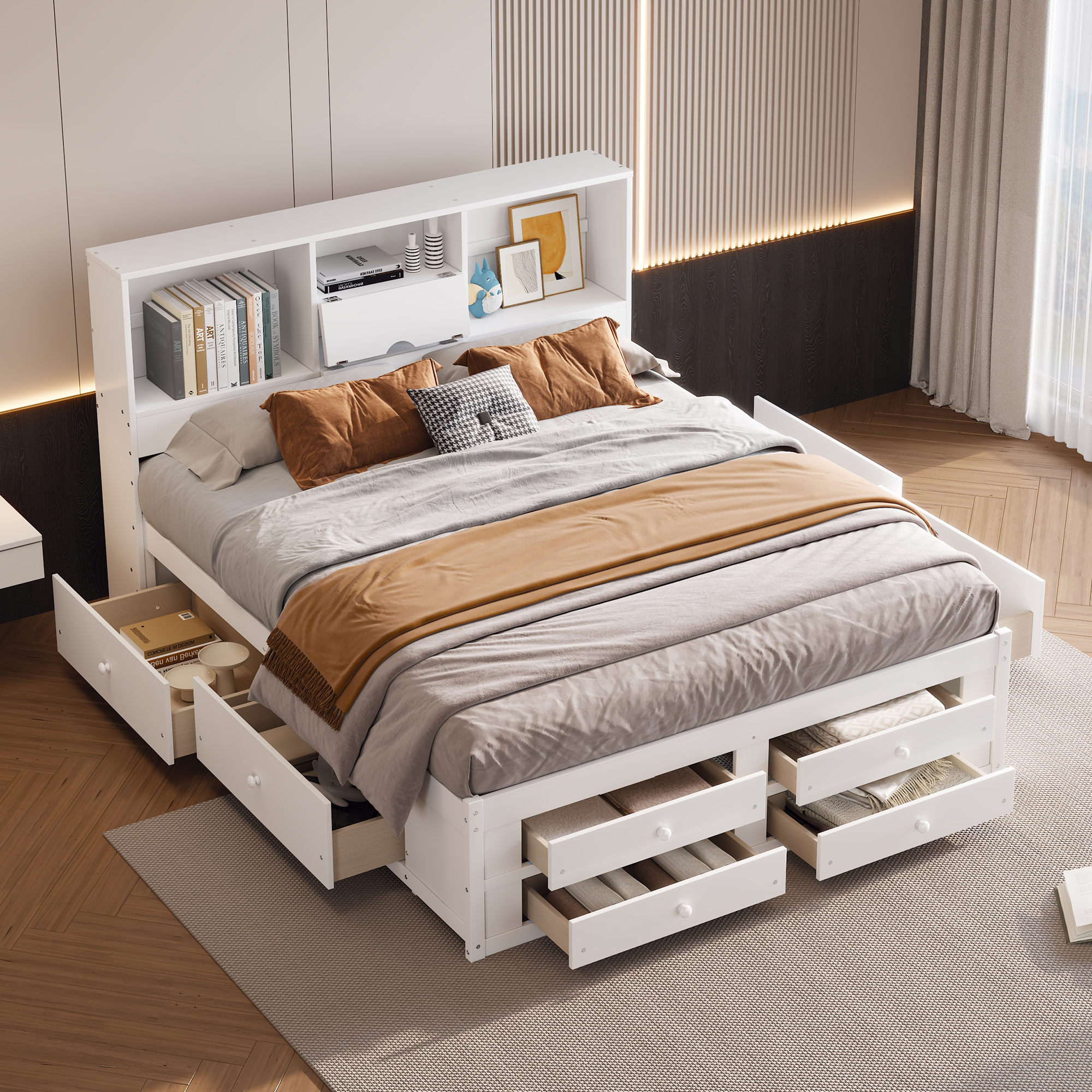 King Size Platform Bed With Storage Headboard And 8 Drawers