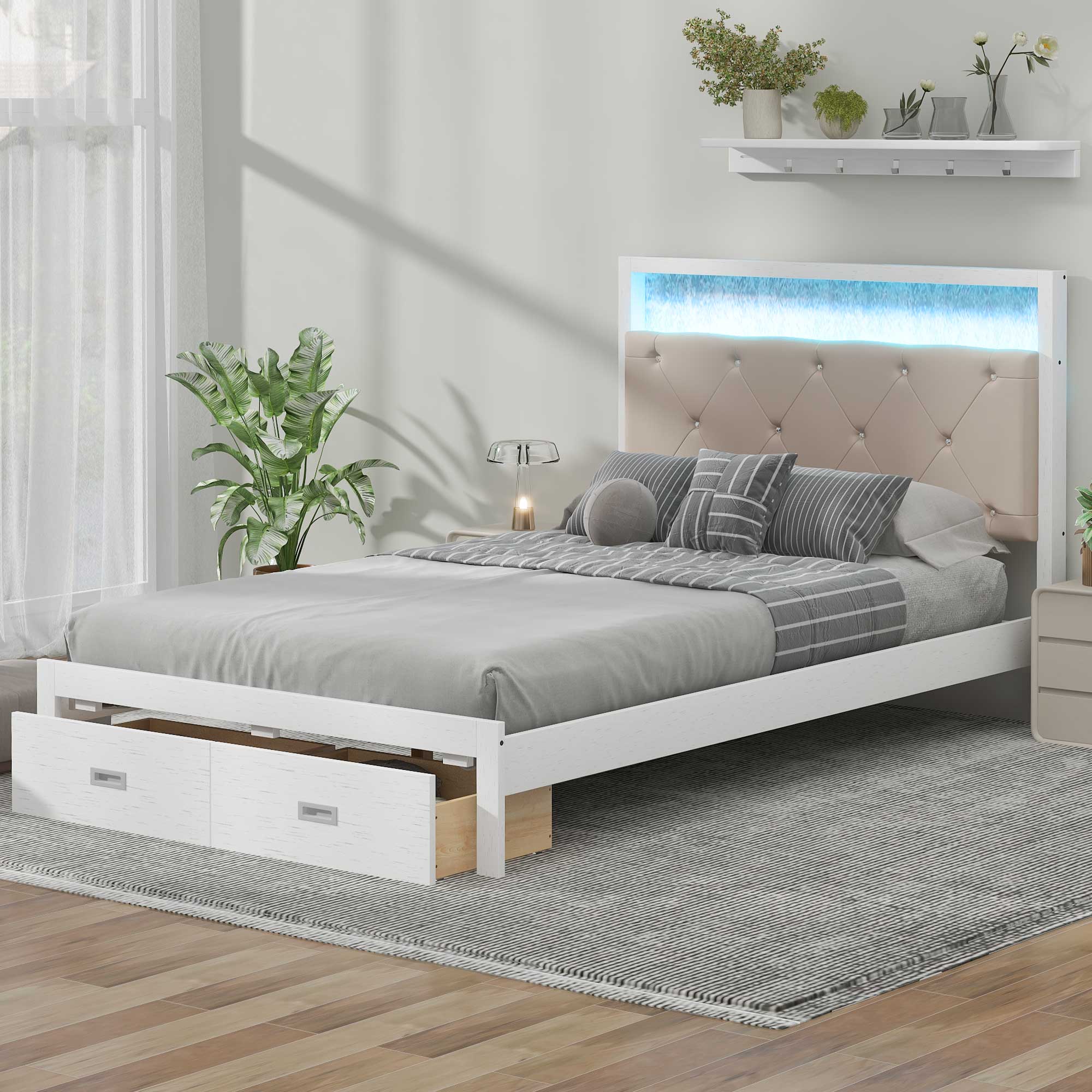 Wood Full Size Platform Bed With Upholstered Headboard And Led And 2 Drawers