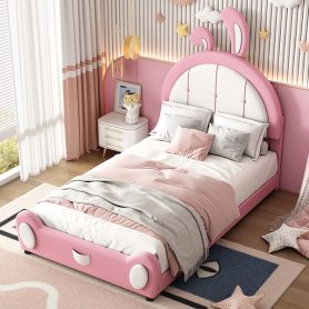 Twin Size Upholstered Platform Bed with Ribbit Shaped Headboard