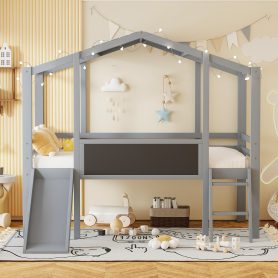 Twin Size Loft Bed With Ladder And Slide, House Bed With Blackboard And Light Strip On The Roof