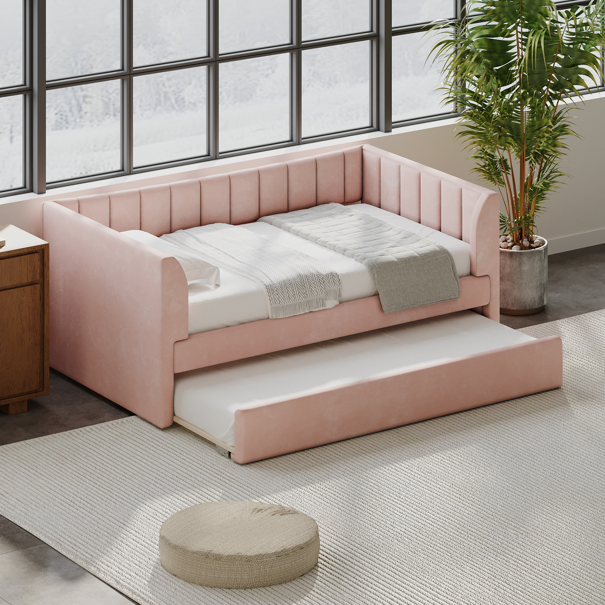 Twin Size Upholstered Velvet Daybed with Trundle