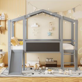 Twin Size Loft Bed With Ladder And Slide, House Bed With Blackboard And Light Strip On The Roof