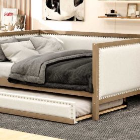 Full Size Upholstered Daybed with Trundle and Nailhead Decoration
