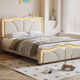 Full Size Upholstered Platform Bed with Curve Shaped and Height-adjustbale Headboard,LED Light Strips