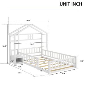 Twin Size House-Style Headboard Floor Bed with Fence Guardrails