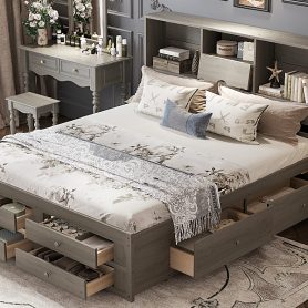 King Size Platform Bed With Storage Headboard And 8 Drawers
