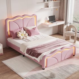 Twin Size Upholstered Platform Bed with Curve Shaped and Height-adjustbale Headboard,LED Light Strips