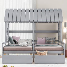 Twin Size House Platform Beds With Two Drawers For Boy And Girl Shared Beds, Combination Of 2 Side By Side Twin Size Beds