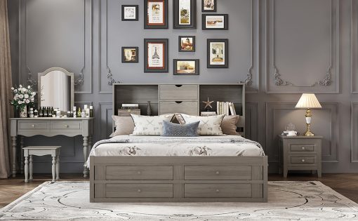 King Size Platform Bed With Storage Headboard And 8 Drawers