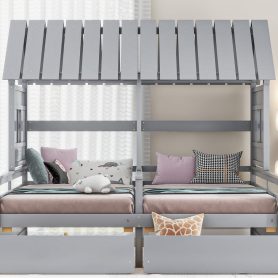 Twin Size House Platform Beds With Two Drawers For Boy And Girl Shared Beds, Combination Of 2 Side By Side Twin Size Beds