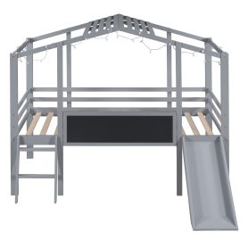 Twin Size Loft Bed With Ladder And Slide, House Bed With Blackboard And Light Strip On The Roof